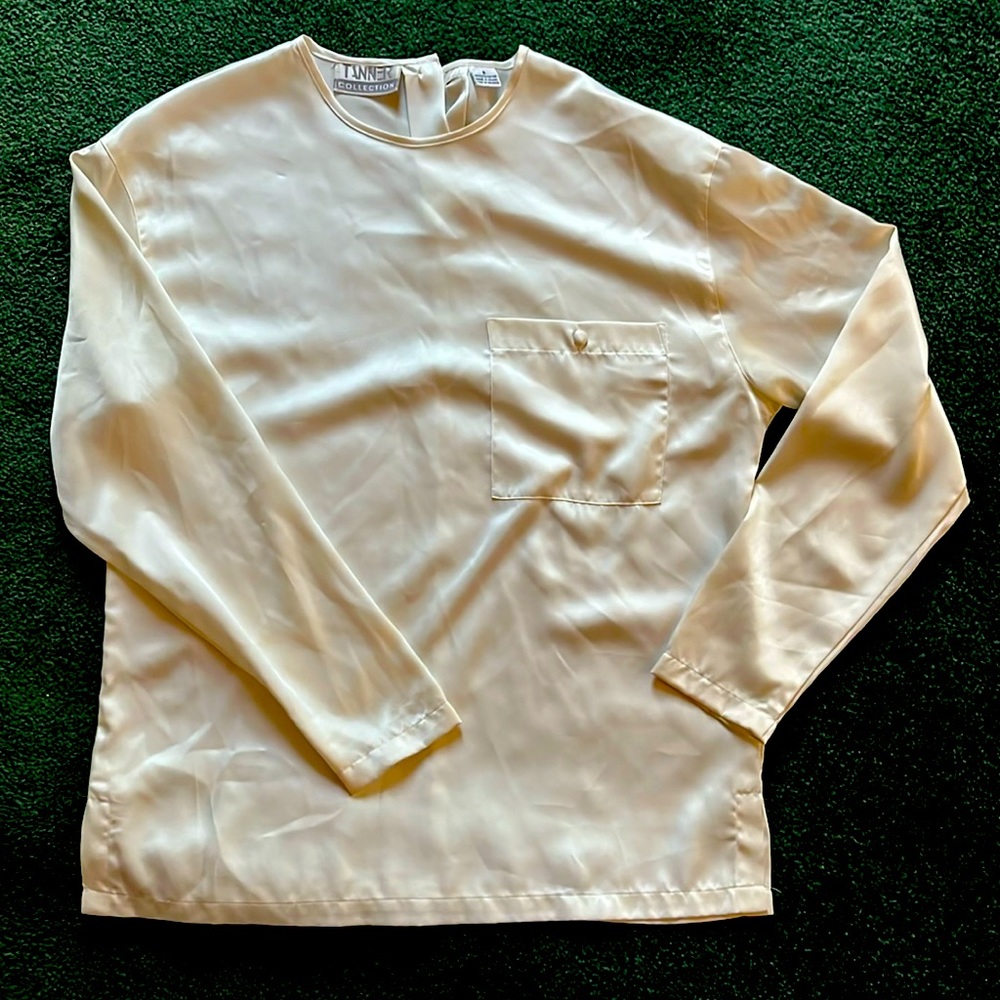 Vintage Polyester Cream Shirt with Front Pocket, Size 8
